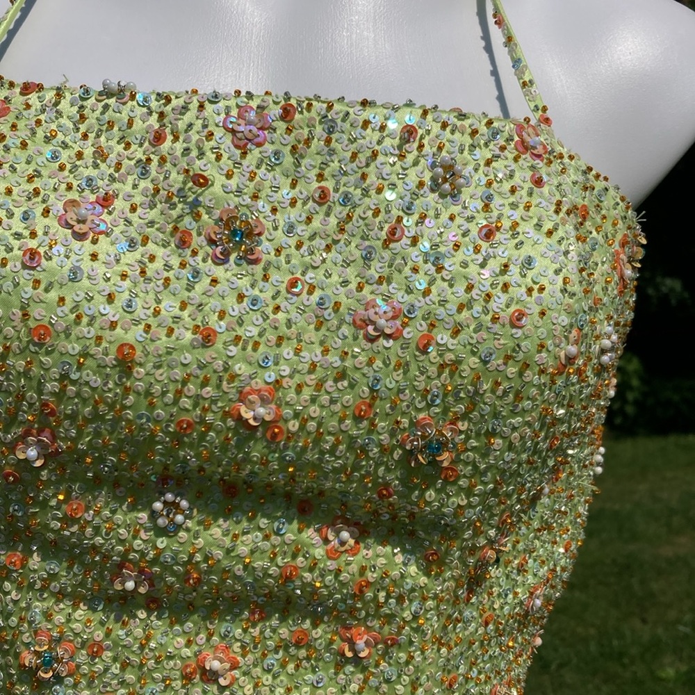Tiffany Designs key lime green formal beaded halter gown labeled 8 but is 4 - Picture 4 of 12